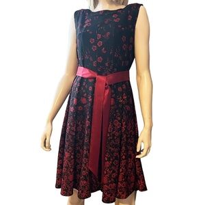 HAANI NY Plush Dress Brocade of Roses with Satin Ribbon Sash Keyhole back
